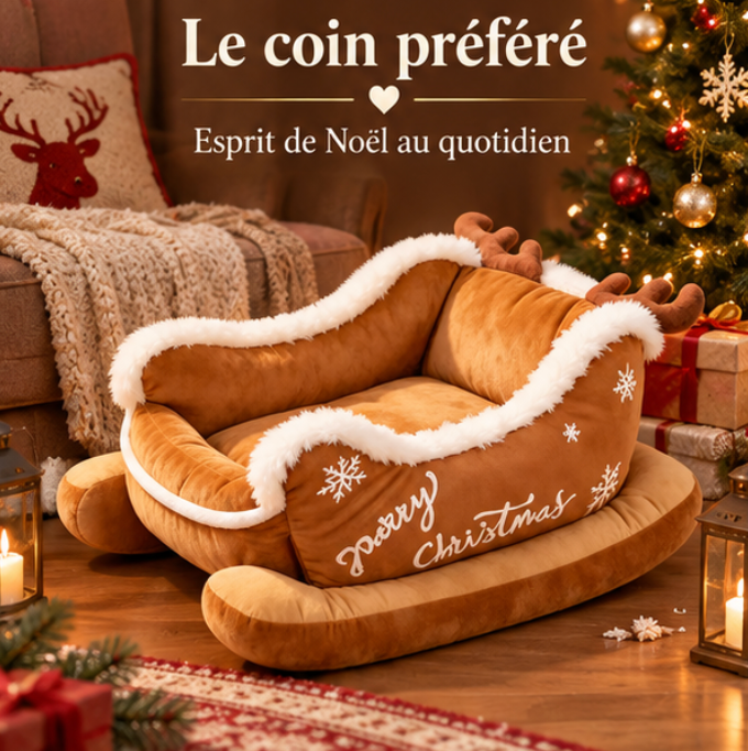 Lit de Noël en forme de traîneau pour chat