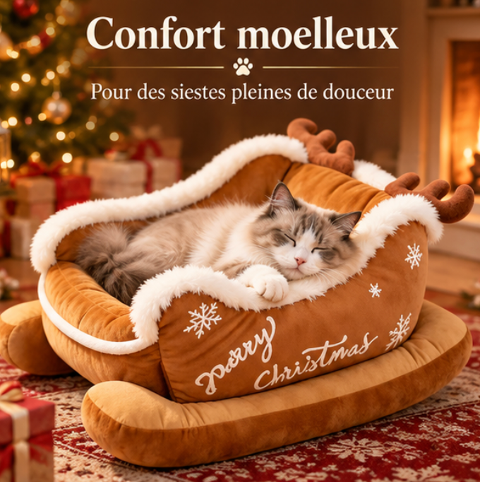Lit de Noël en forme de traîneau pour chat