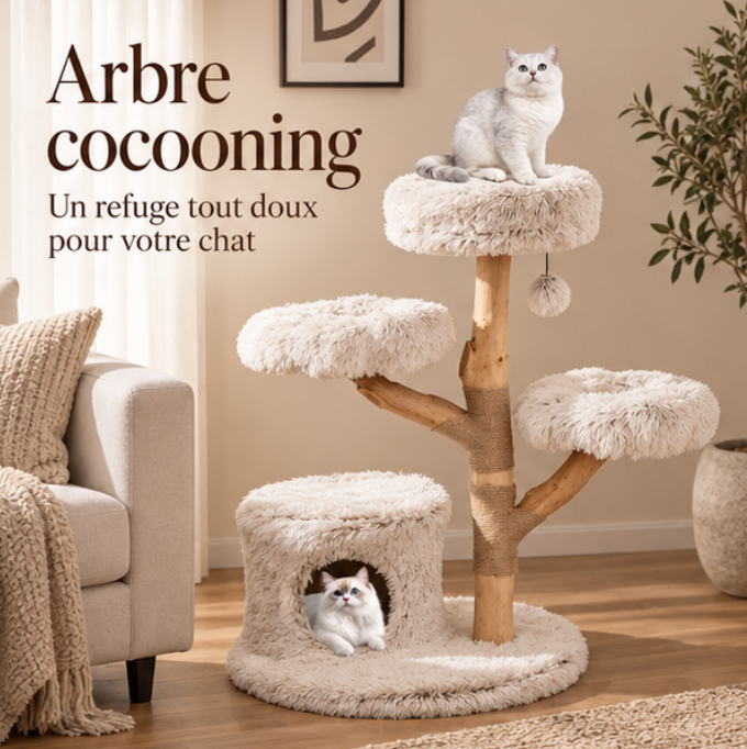 Arbre à chat design en bois de poirier massif – 102 cm
