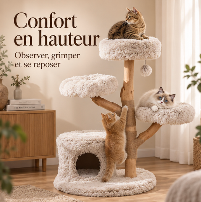 Arbre à chat design en bois de poirier massif – 102 cm
