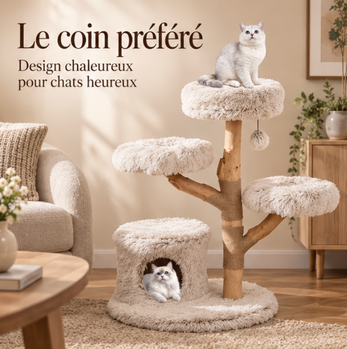 Arbre à chat design en bois de poirier massif – 102 cm
