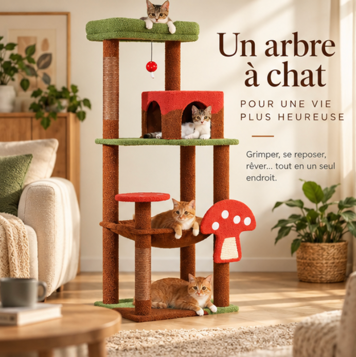 Arbre à chat design champignon avec hamac et niche – 143 cm