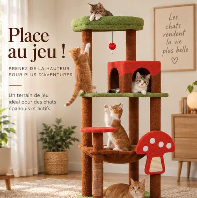 Arbre à chat design champignon avec hamac et niche – 143 cm