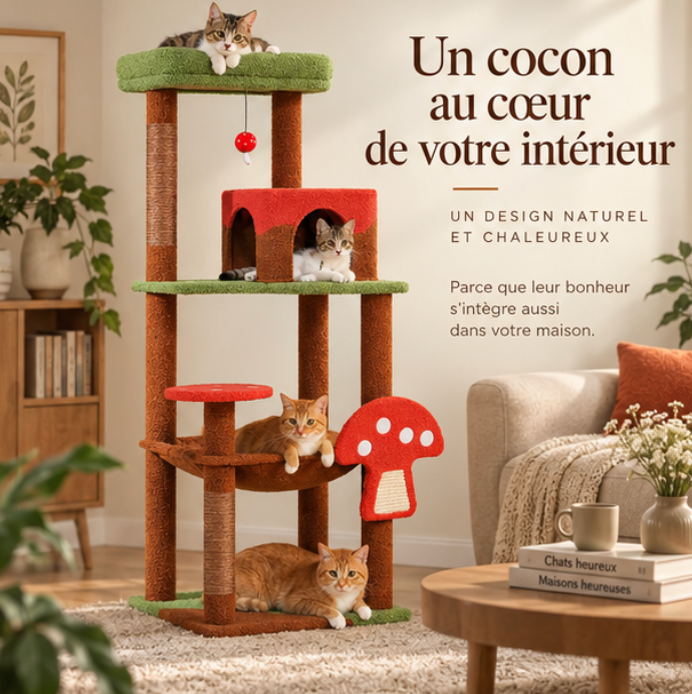 Arbre à chat design champignon avec hamac et niche – 143 cm