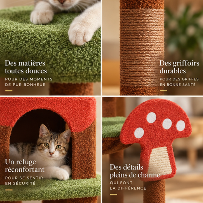Arbre à chat design champignon avec hamac et niche – 143 cm