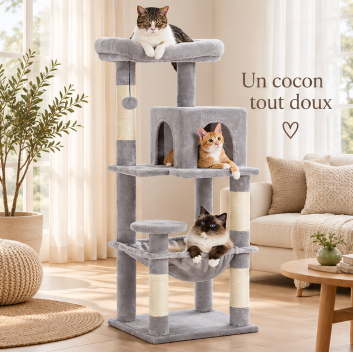 Arbre à chat 5 niveaux avec cadre en métal et grand hamac – 116 cm