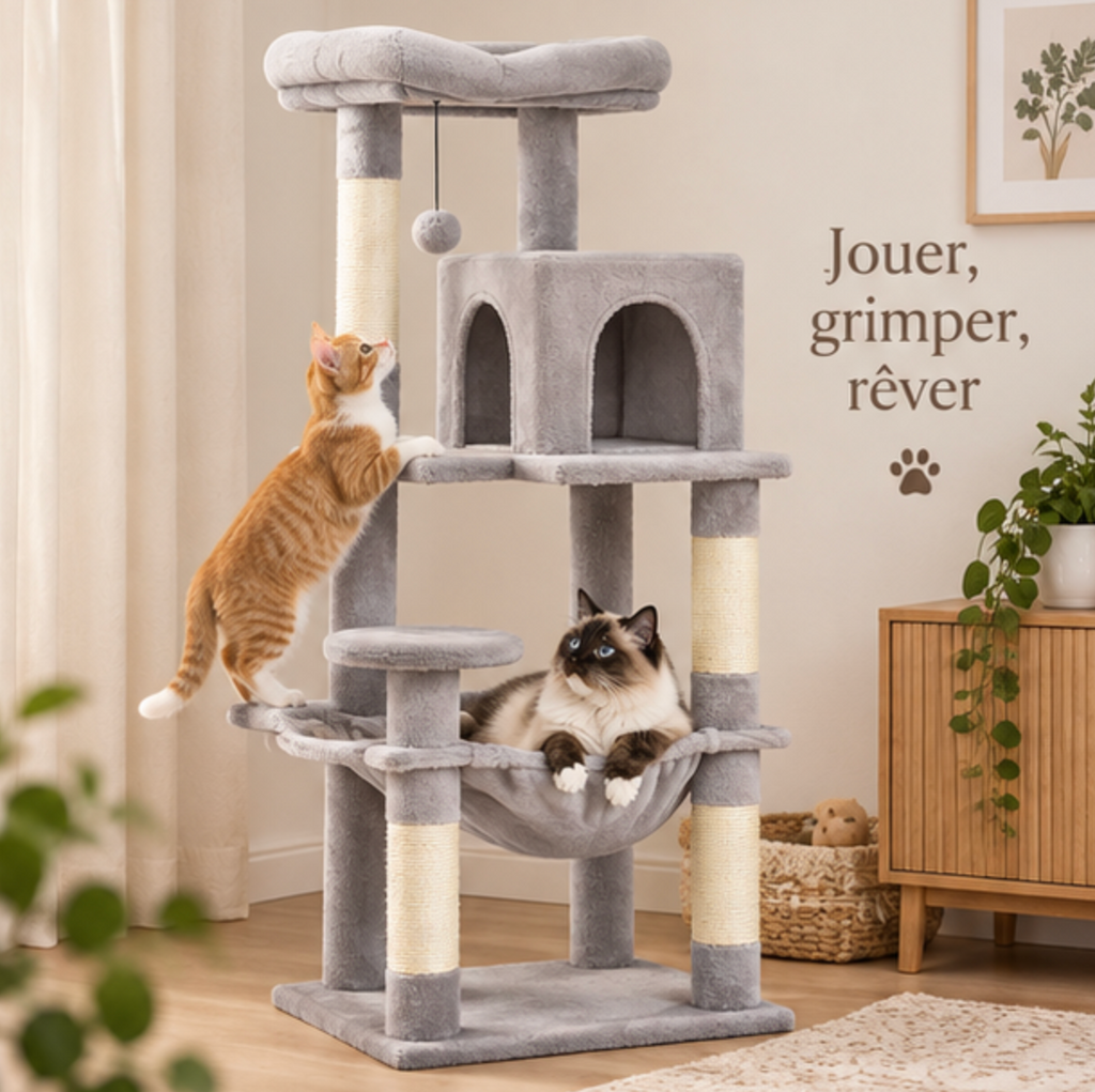 Arbre à chat 5 niveaux avec cadre en métal et grand hamac – 116 cm
