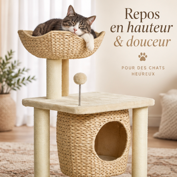 Arbre à chat cosy chic avec paniers tressés – 74 cm