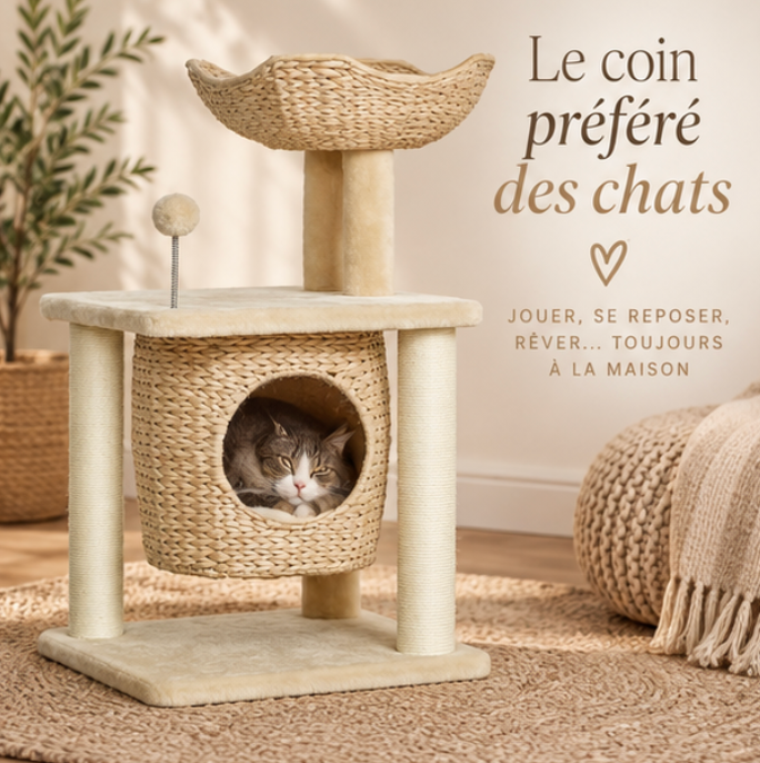 Arbre à chat cosy chic avec paniers tressés – 74 cm