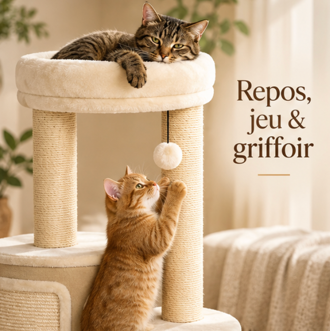 Arbre à chat à 4 niveaux avec niche double – 90 cm