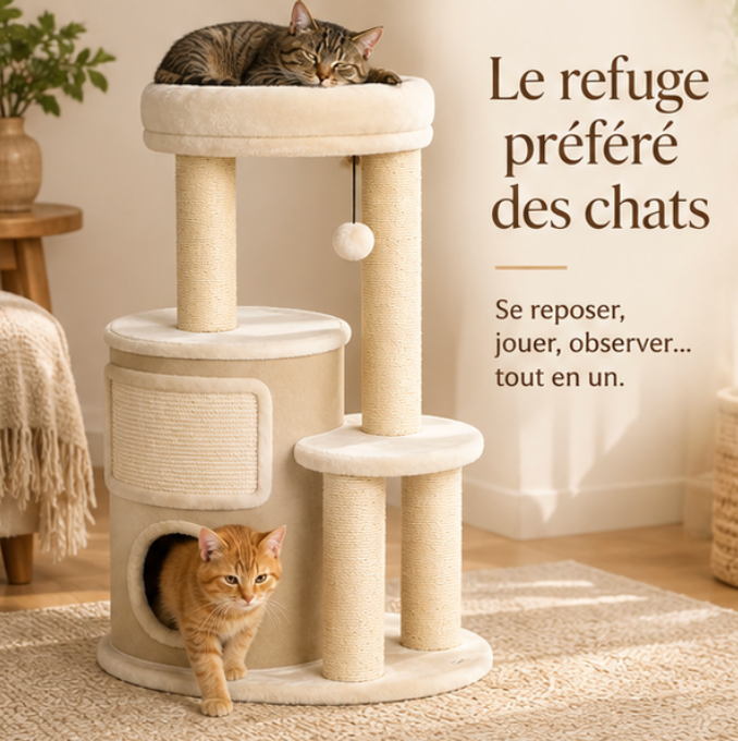 Arbre à chat à 4 niveaux avec niche double – 90 cm