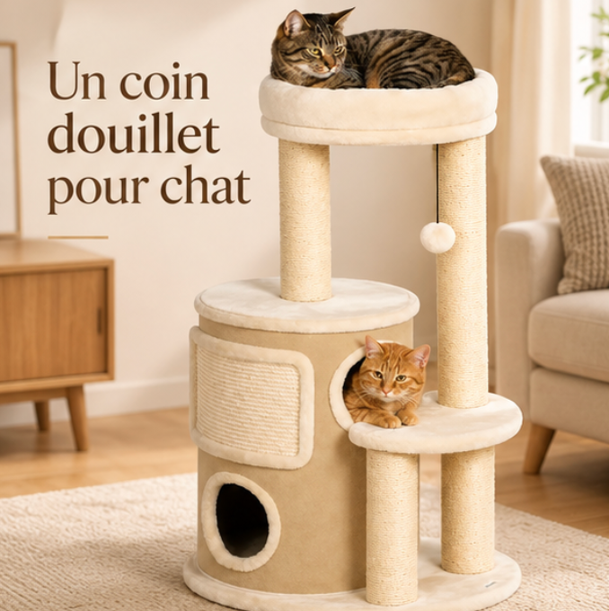 Arbre à chat à 4 niveaux avec niche double – 90 cm