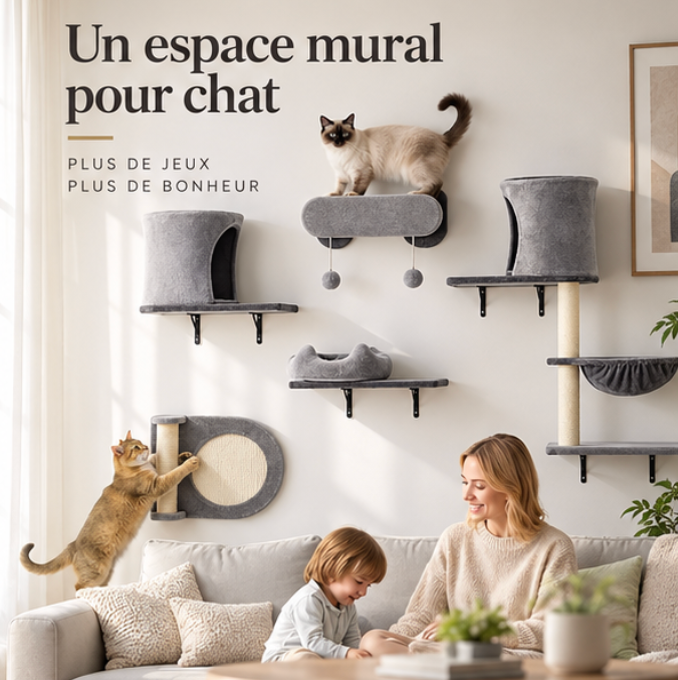 Parcours mural pour chat en 5 pièces avec niche et hamac