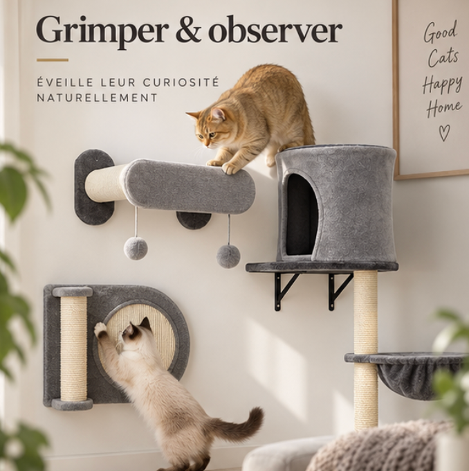 Parcours mural pour chat en 5 pièces avec niche et hamac