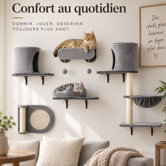 Parcours mural pour chat en 5 pièces avec niche et hamac