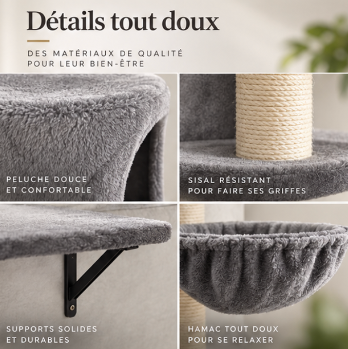 Parcours mural pour chat en 5 pièces avec niche et hamac