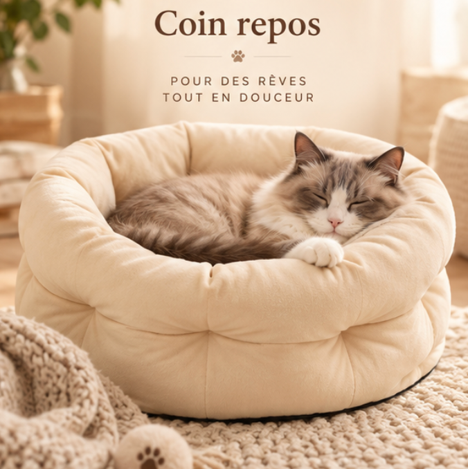 Panier rond chauffant en velours pour chat et chien