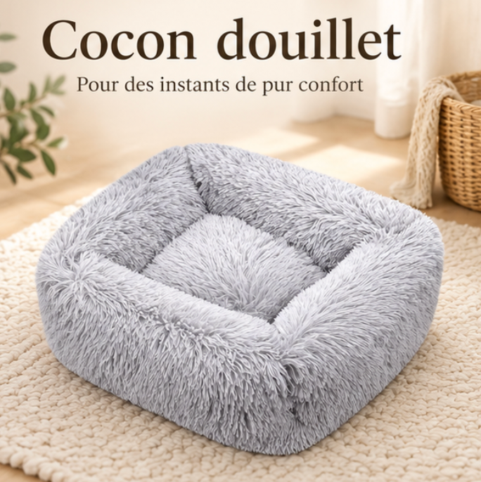 Panier carré en peluche longue pour chat et chien