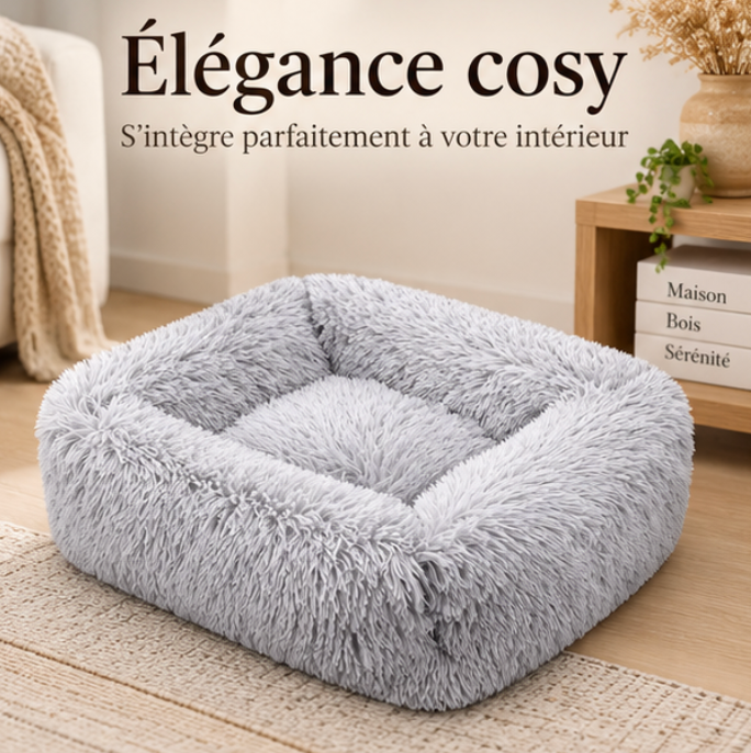 Panier carré en peluche longue pour chat et chien
