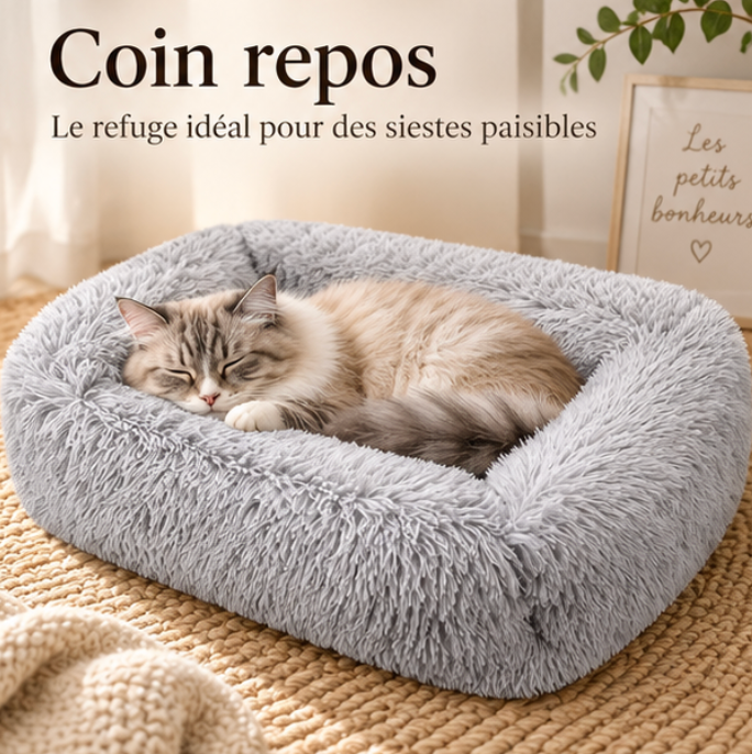 Panier carré en peluche longue pour chat et chien