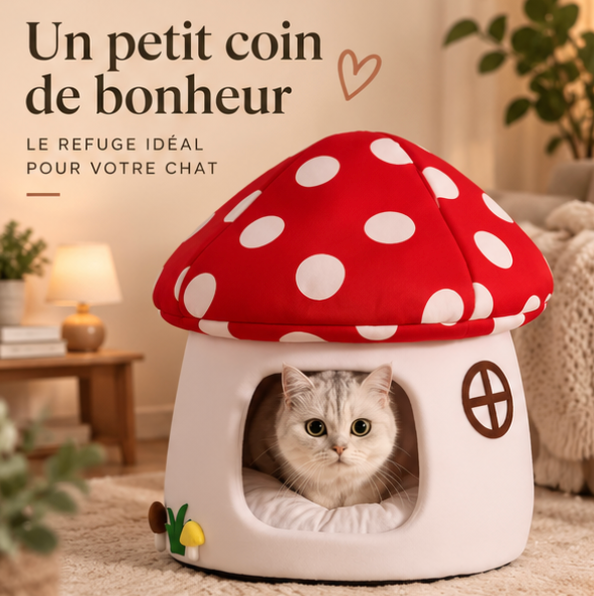 Niche champignon rouge pour chat et petit chien