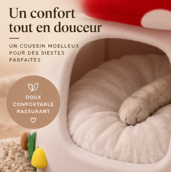 Niche champignon rouge pour chat et petit chien