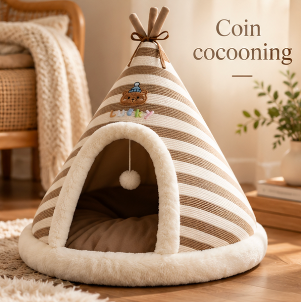 Niche tipi auto-chauffante en peluche pour chat