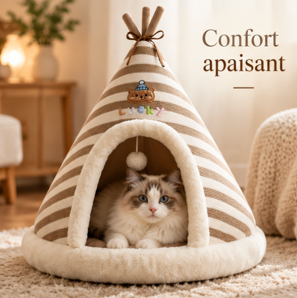 Niche tipi auto-chauffante en peluche pour chat