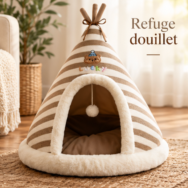 Niche tipi auto-chauffante en peluche pour chat