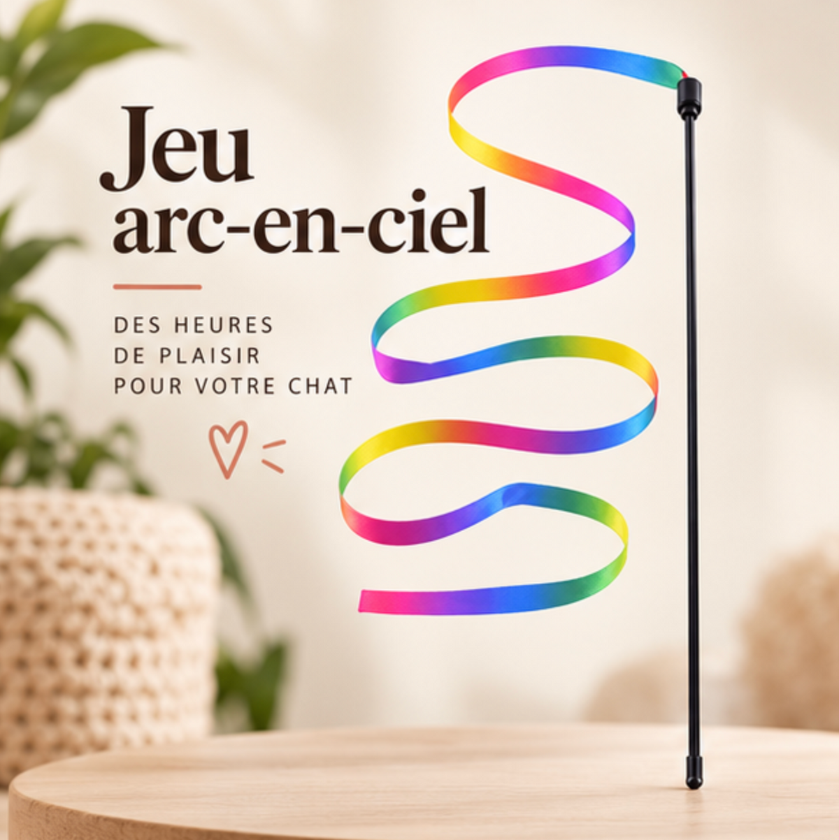Canne à pêche avec ruban multicolore pour chat