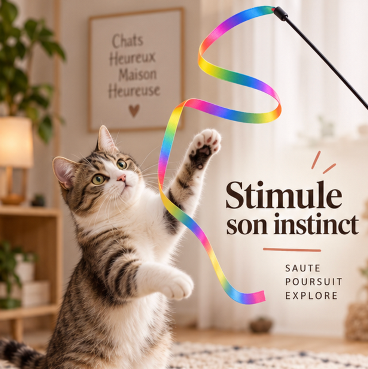 Canne à pêche avec ruban multicolore pour chat