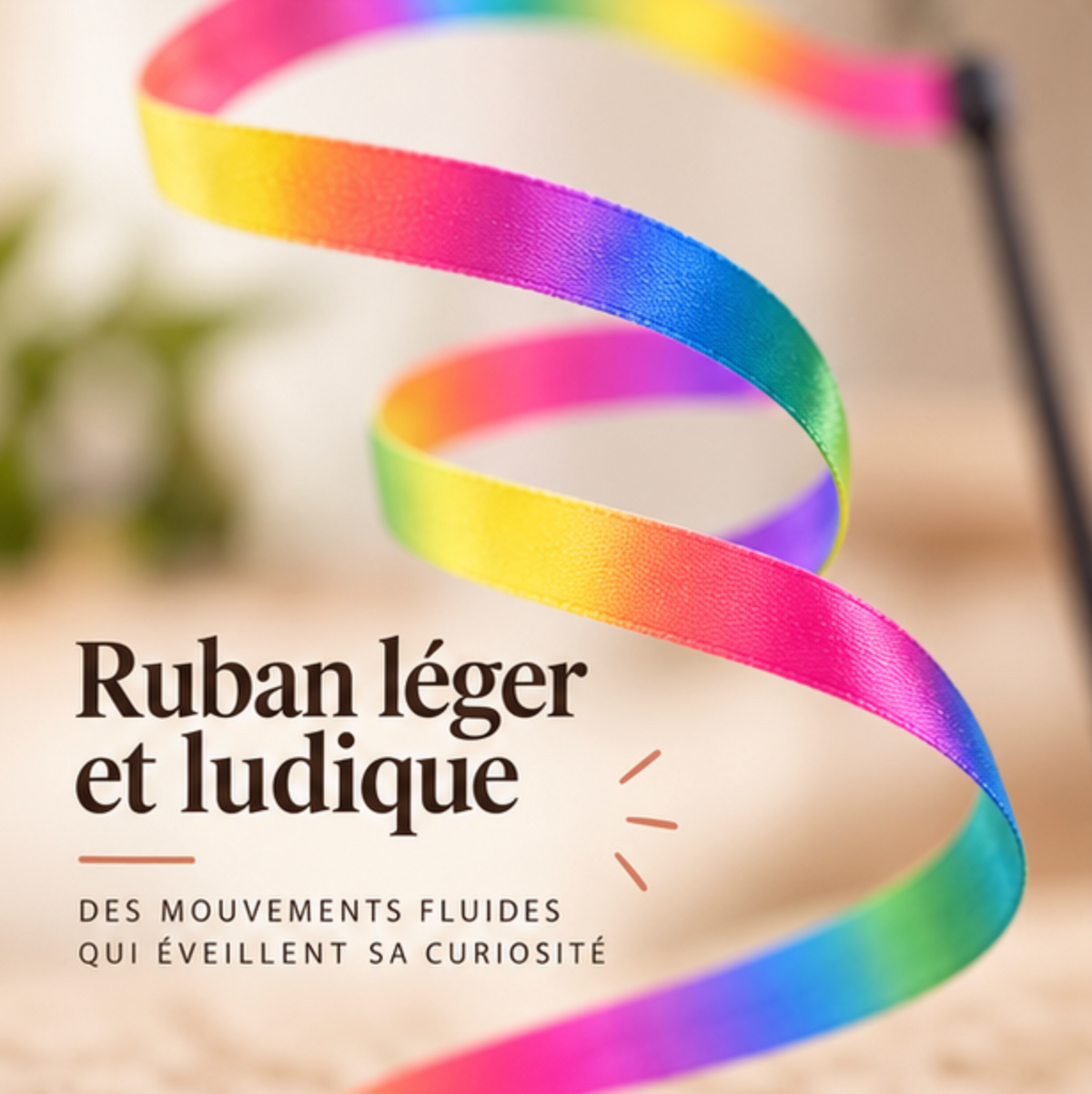 Canne à pêche avec ruban multicolore pour chat