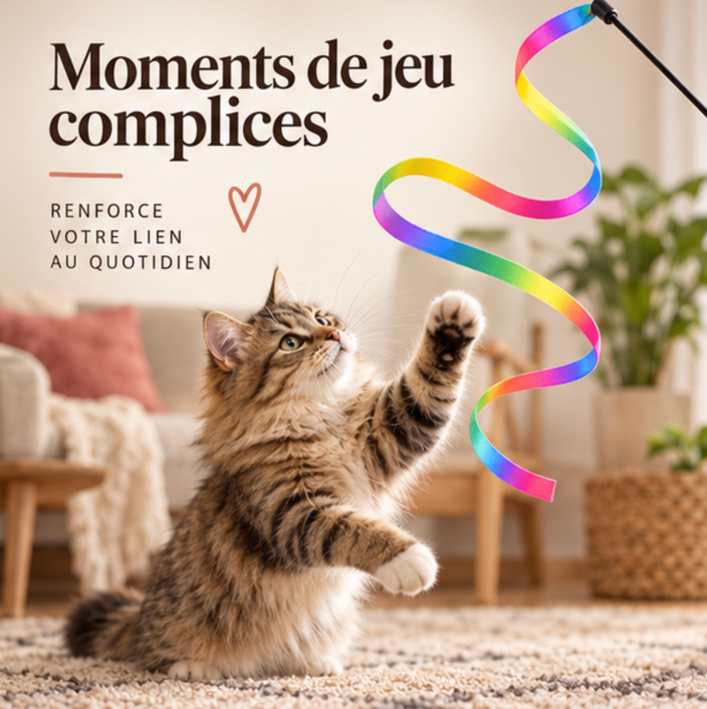 Canne à pêche avec ruban multicolore pour chat
