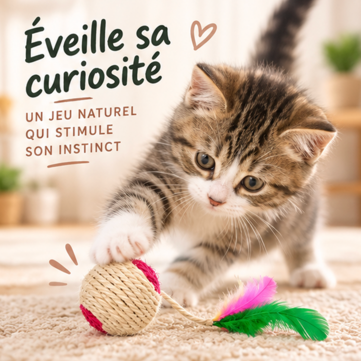 Balle en sisal avec plumes pour chaton