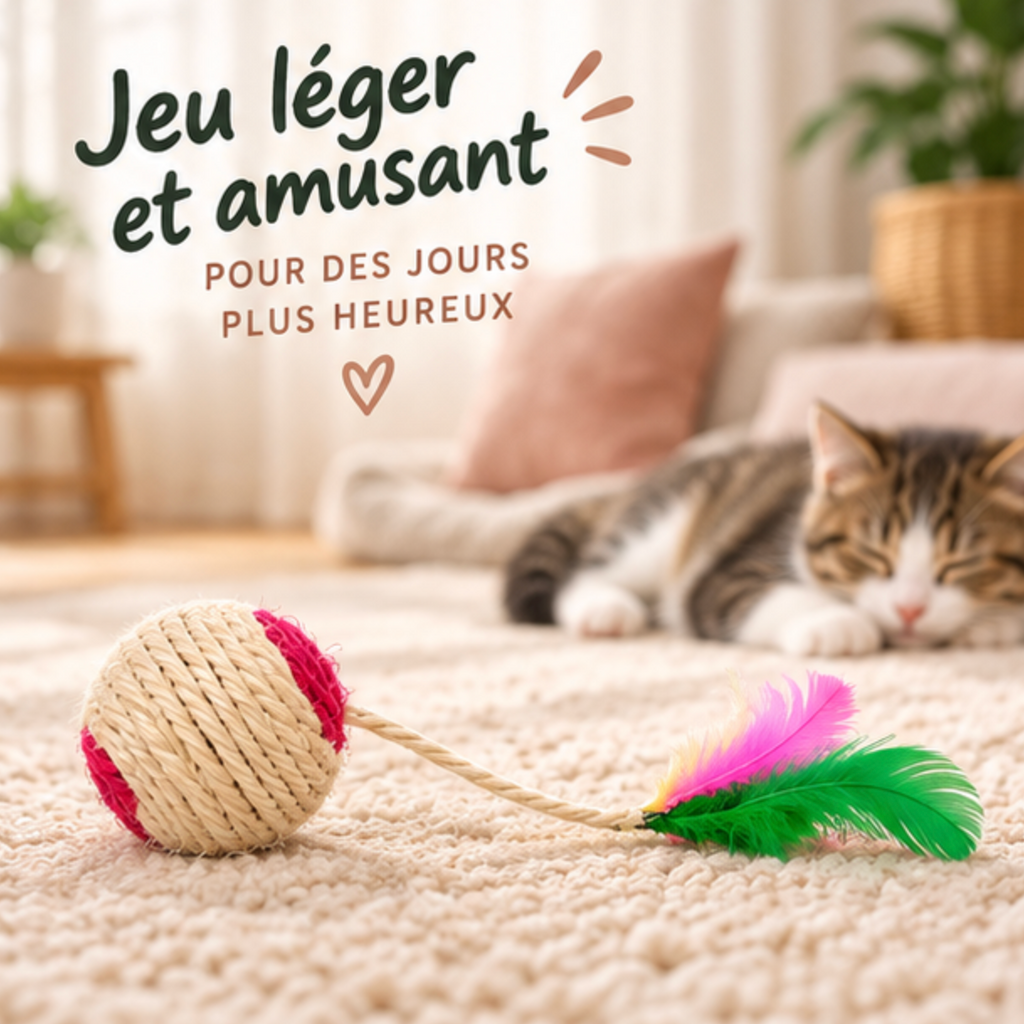 Balle en sisal avec plumes pour chaton