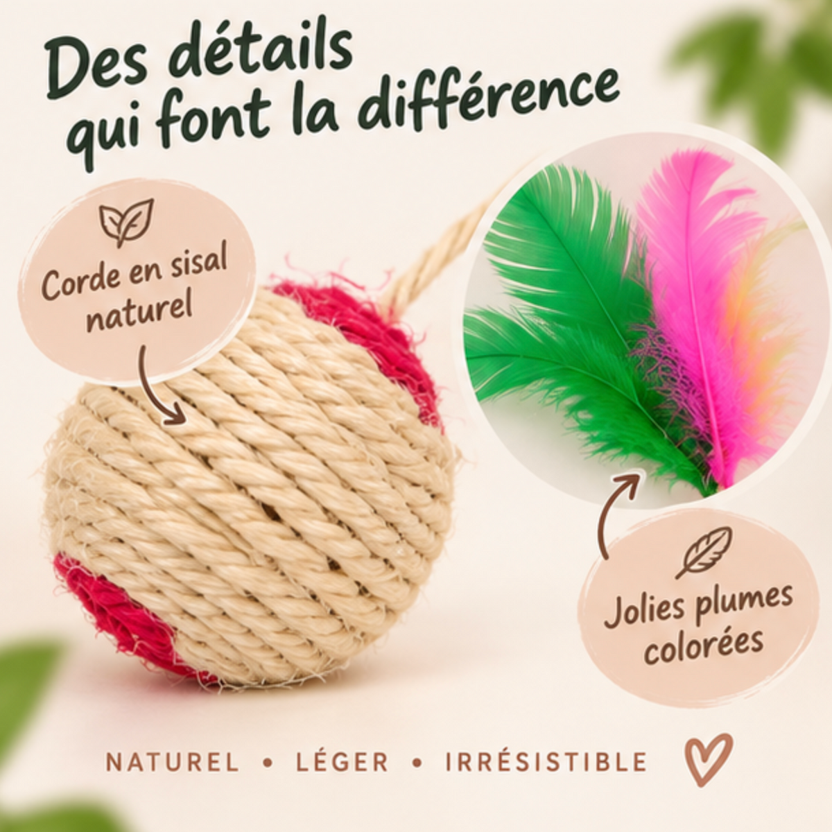 Balle en sisal avec plumes pour chaton