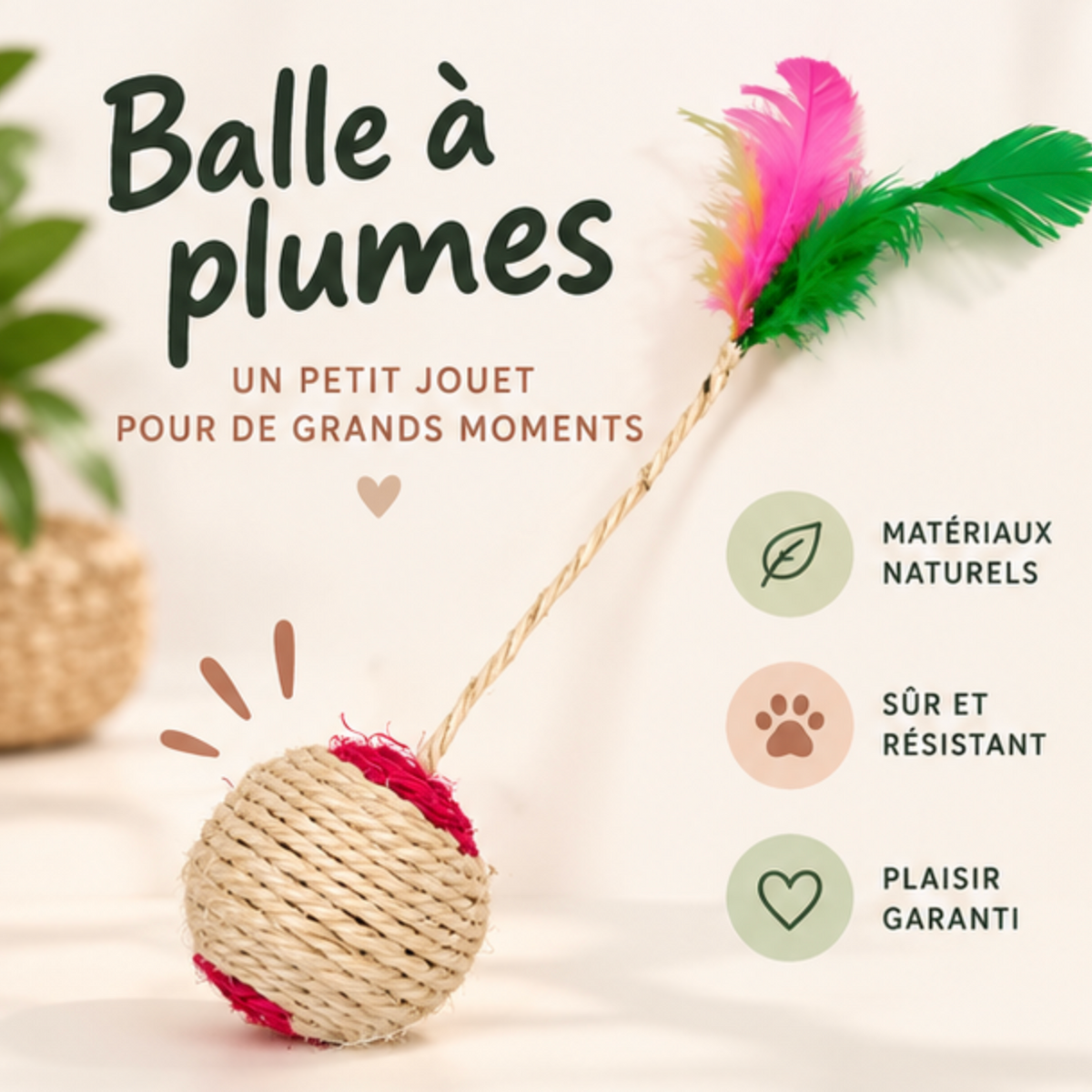 Balle en sisal avec plumes pour chaton