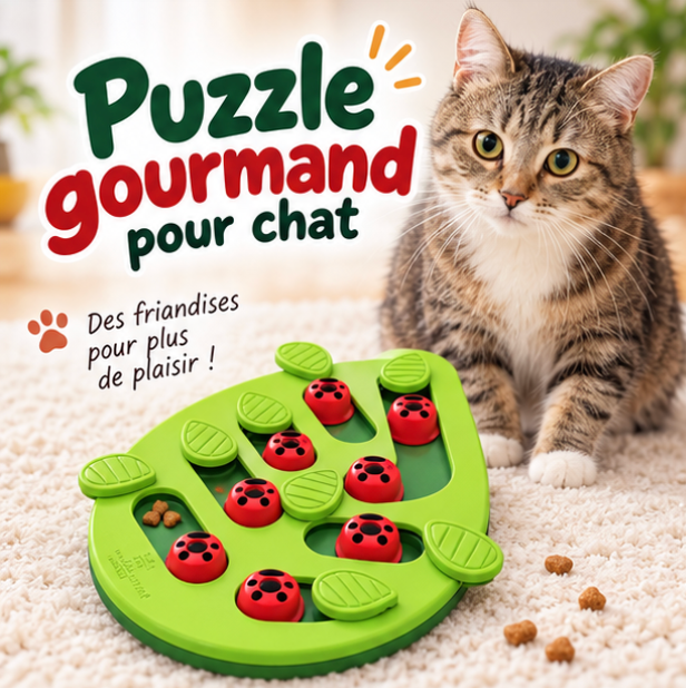Puzzle gourmand en forme de feuille pour chat