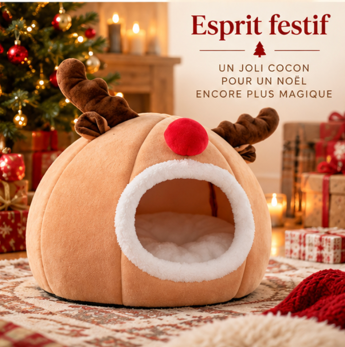 Niche de Noël en forme de renne pour chat et petit chien