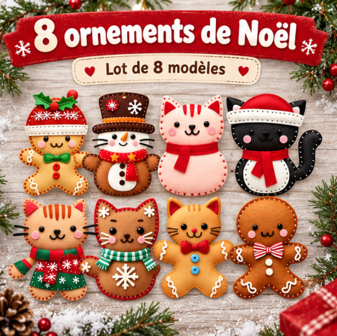 Lot de 8 décorations de Noël à suspendre – Chats et pain d’épice
