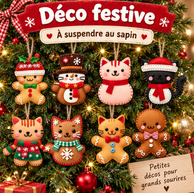 Lot de 8 décorations de Noël à suspendre – Chats et pain d’épice