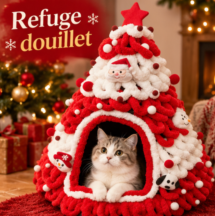 Niche pour chat en forme de sapin de Noël