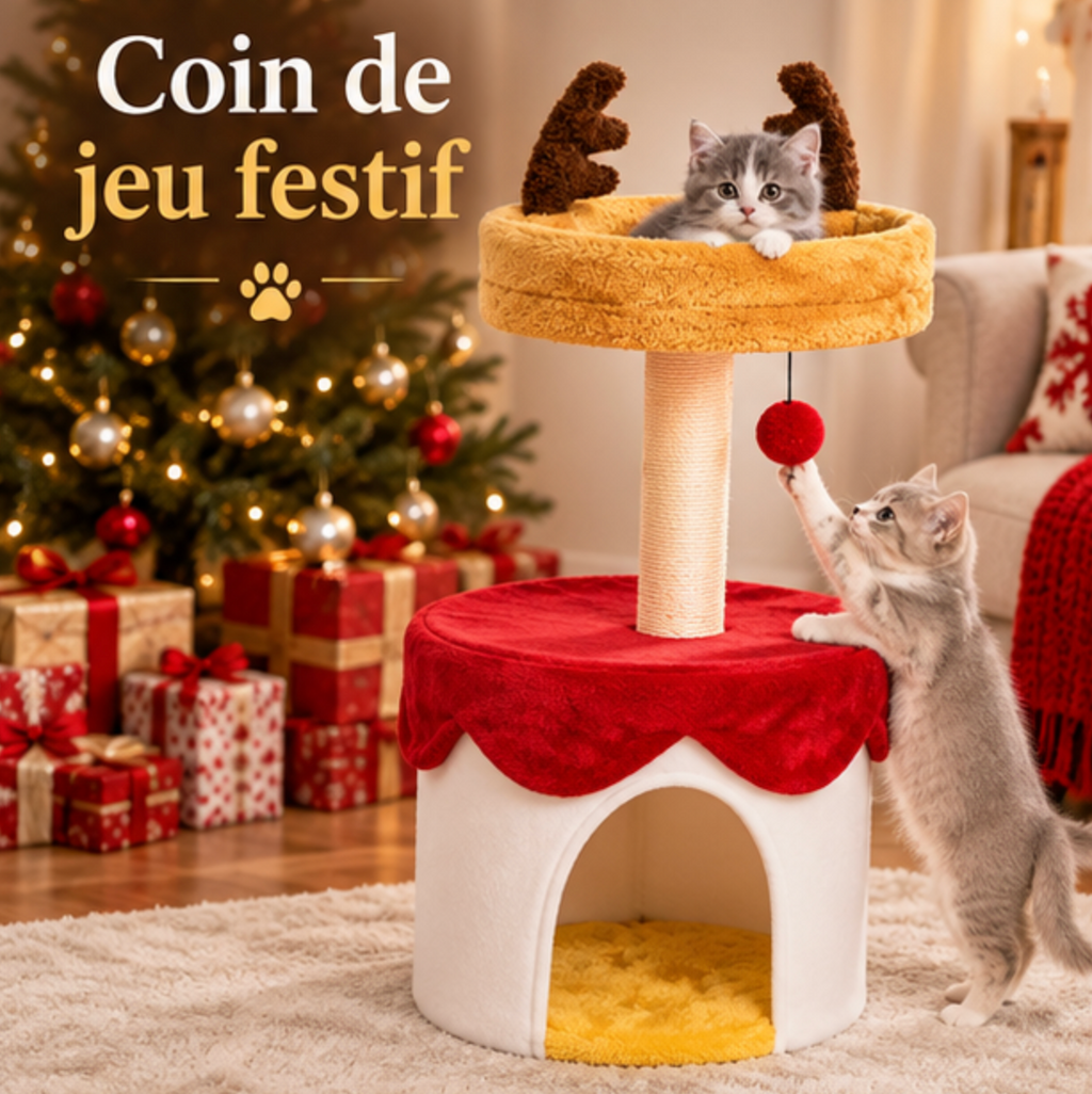 Arbre à chat de Noël avec niche et panier renne – 80 cm