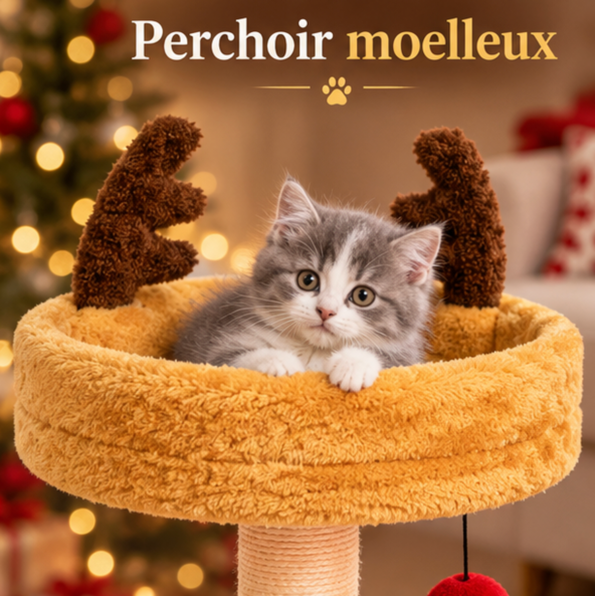 Arbre à chat de Noël avec niche et panier renne – 80 cm