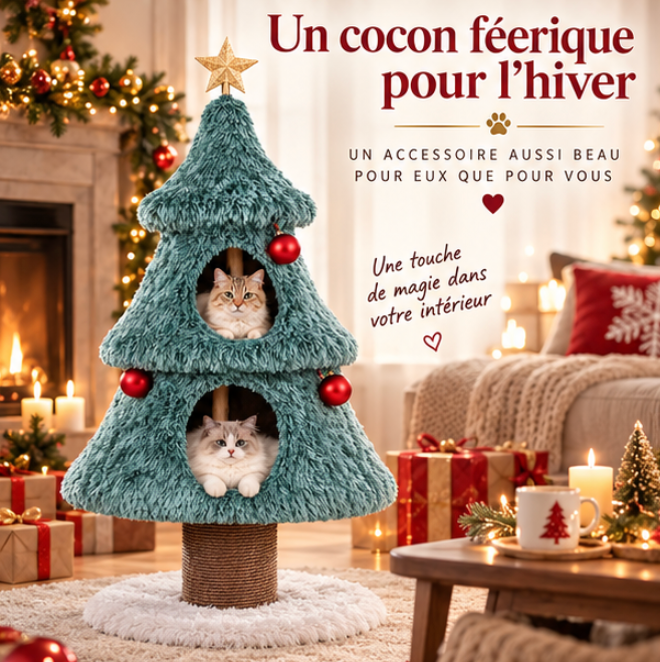 Arbre à chat sapin de Noël avec deux niches et griffoir