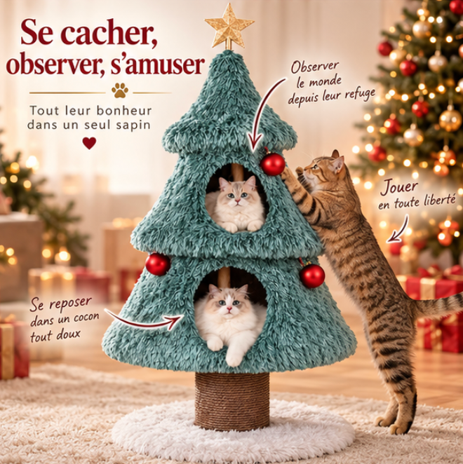 Arbre à chat sapin de Noël avec deux niches et griffoir