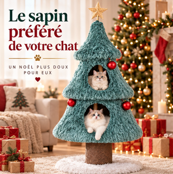 Arbre à chat sapin de Noël avec deux niches et griffoir