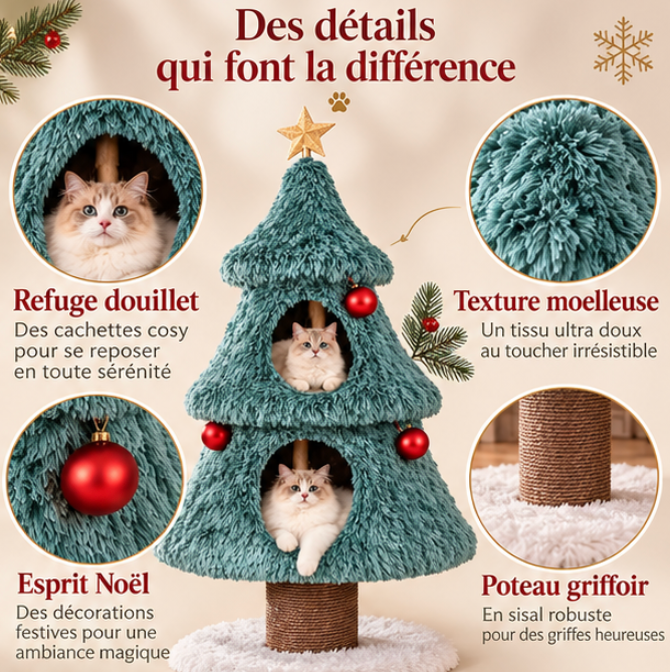 Arbre à chat sapin de Noël avec deux niches et griffoir
