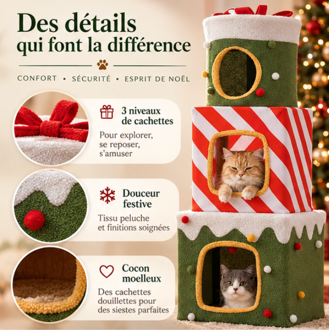 Tour à chat de Noël avec 3 niches en forme de cadeaux – 120 cm