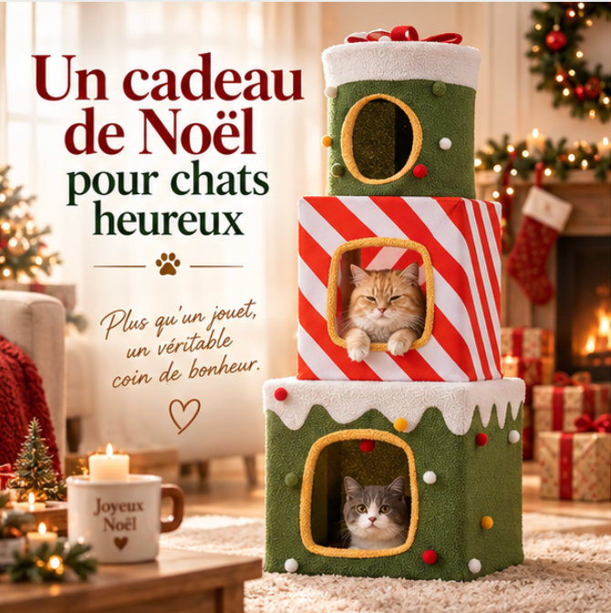 Tour à chat de Noël avec 3 niches en forme de cadeaux – 120 cm
